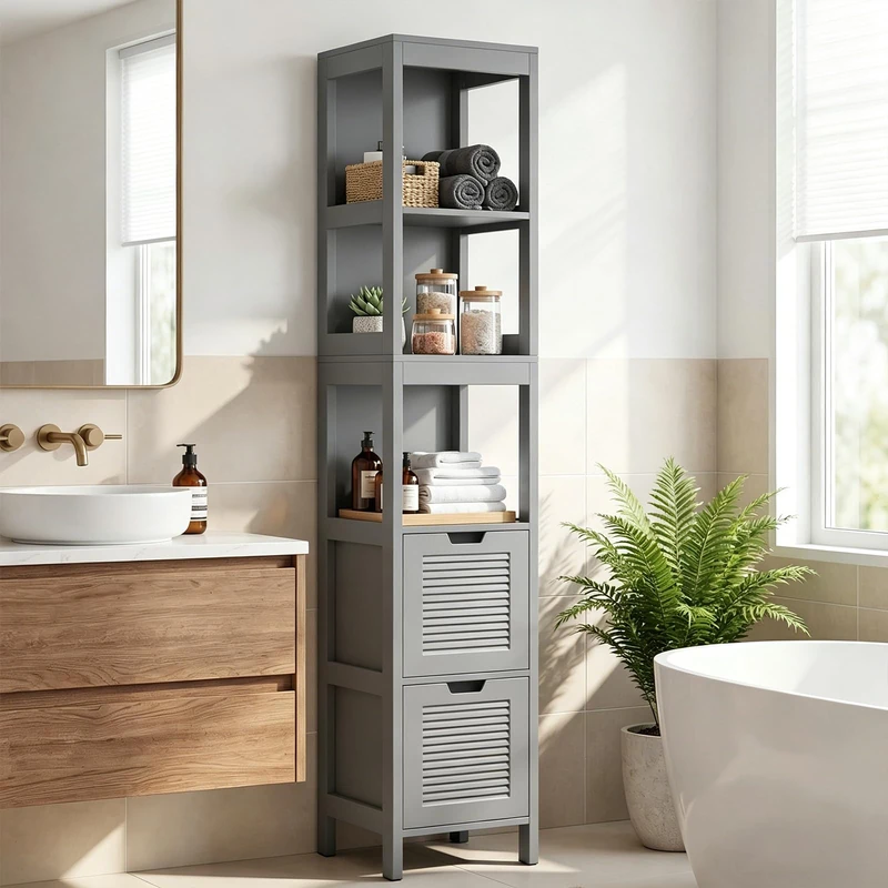 CASART Bathroom Floor Cabinet, Freestanding Tower Rack with 2 Drawers and 3 Open Shelves, Wooden Tall Cupboard Storage Organizer for Bathroom Living Room Kitchen (Grey)