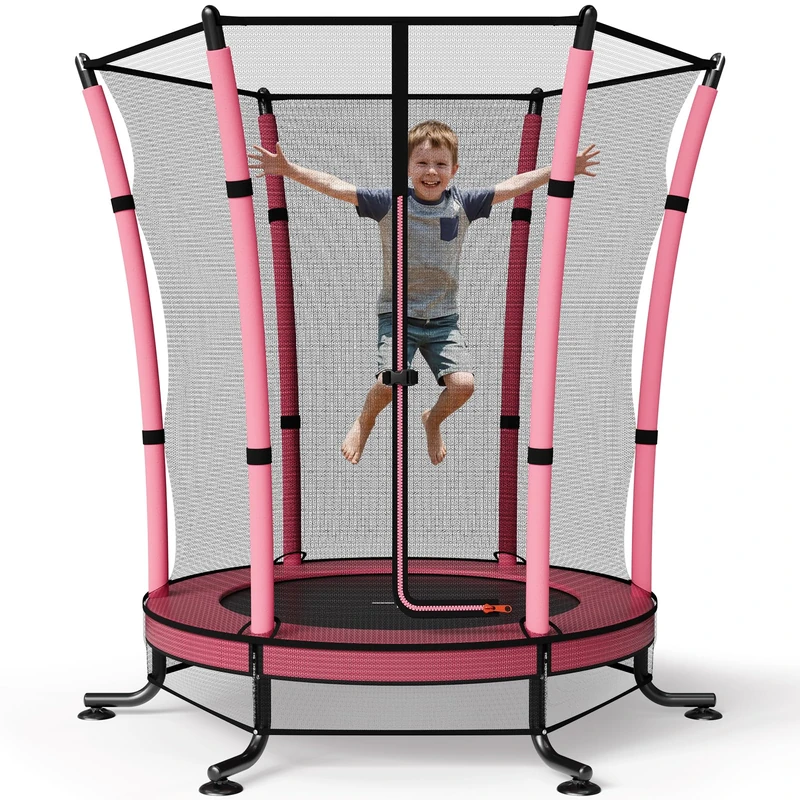JUMMICO 55’’Kids Trampoline with Enclosure Net Indoor Outdoor Toddler Trampoline for Children Age 3-10 Safety Net, Integrated Mat & Anti-Slip Base (140cm x 180cm) - Image 1