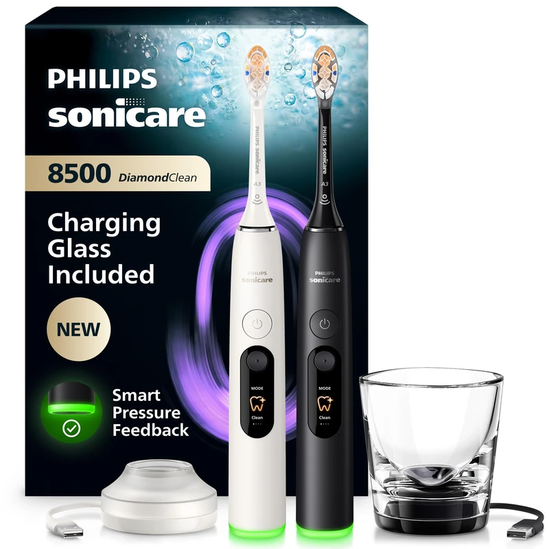 Philips Sonicare Next-Generation DiamondClean 8500 Sonic Electric Toothbrush − with Smart Pressure Feedback and 18 Settings, Powder White & Black, 2 Pack, HX8596/21