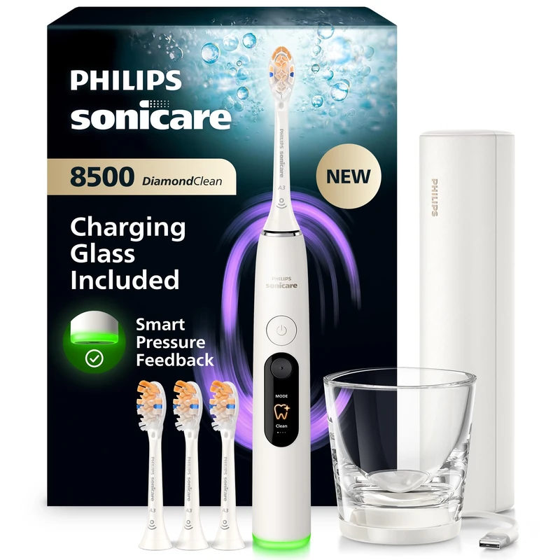 Philips Sonicare Next-Generation DiamondClean 8500 Sonic Electric Toothbrush − with Smart Pressure Feedback and 18 Settings, Powder White, HX8515/11