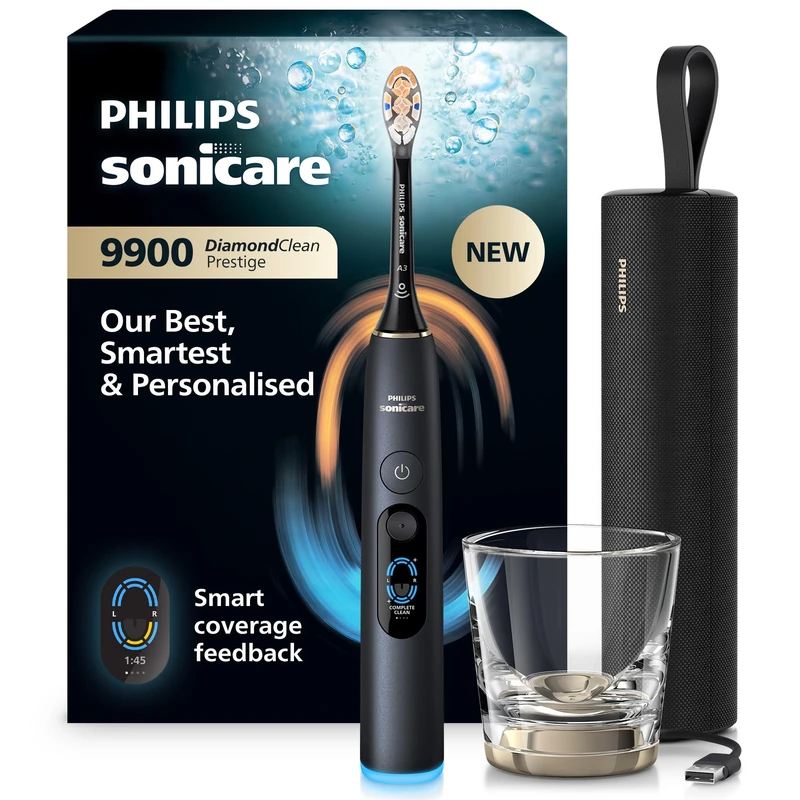 Philips Sonicare Next-Generation DiamondClean 9900 Prestige Sonic Electric Toothbrush − with SenseIQ, Smart Coverage Feedback, Smart Pressure Feedback and 24 Settings, Quartz Black, HX9813/92