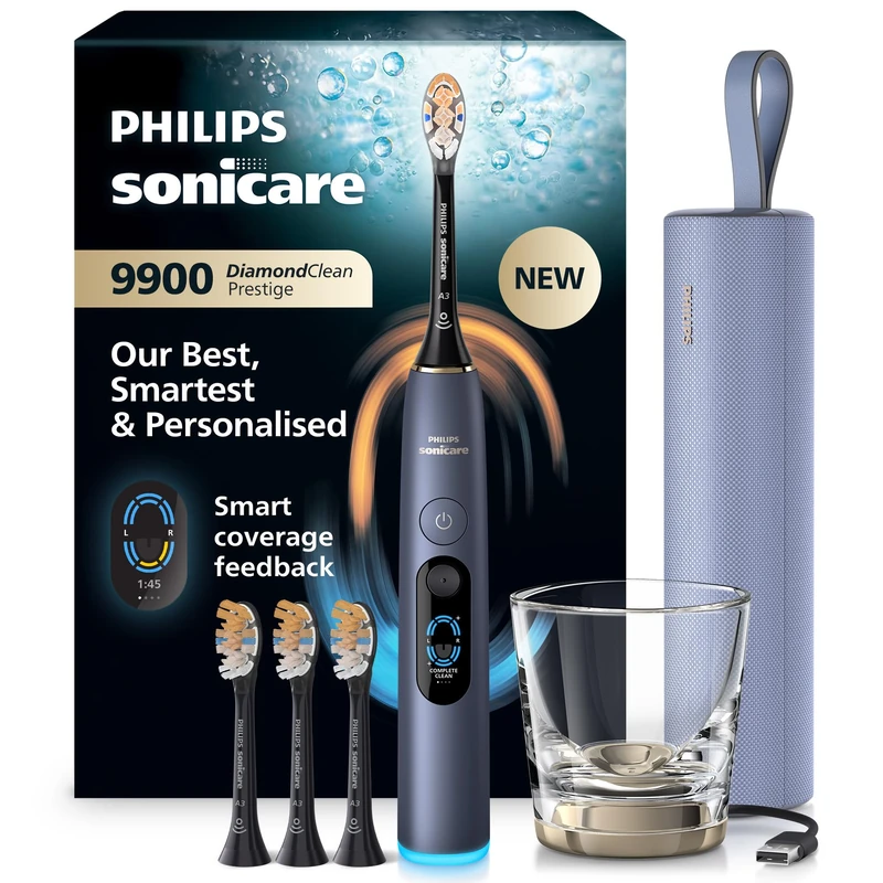 Philips Sonicare Next-Generation DiamondClean 9900 Prestige Sonic Electric Toothbrush − with SenseIQ, Smart Coverage Feedback, Smart Pressure Feedback and 24 Settings, Storm Blue, HX9815/98