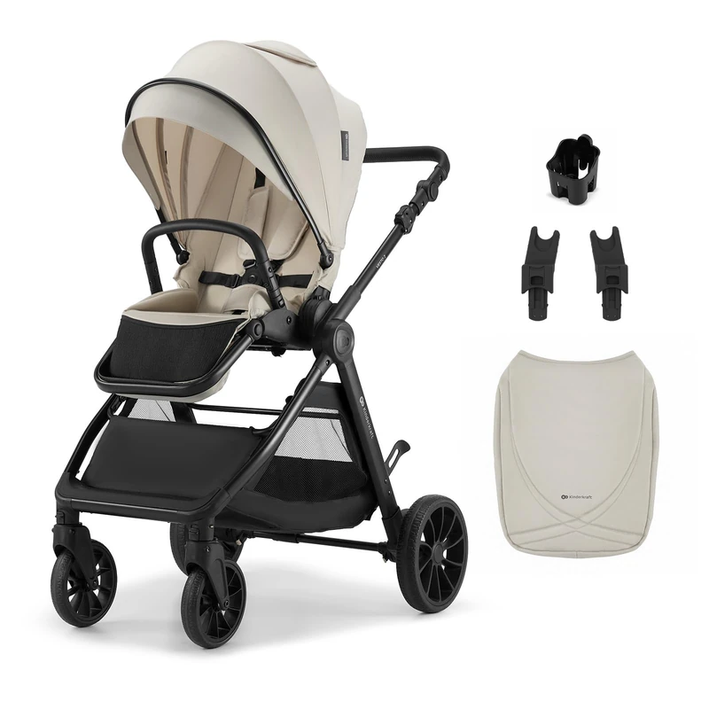 Kinderkraft VESTO 2 Stroller, Pushchair up to 22 kg, Dual-Facing Seat, One-Hand Memory Buttons, Self-Standing Fold, All-Wheel Suspension, Treaded 8” and 11” Wheels, Footmuff, Cup Holder, Beige