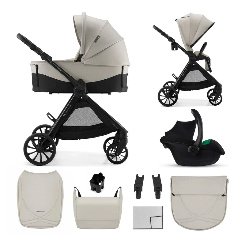 Kinderkraft VESTO 2 3-in-1 Stroller Travel System, Pushchair with Carrycot and Mink PRO 2 Car Seat, Reversible Seat, Memory Buttons, Self-Standing Fold, EVA Wheels, Rain Cover, Bag, Beige - Image 1