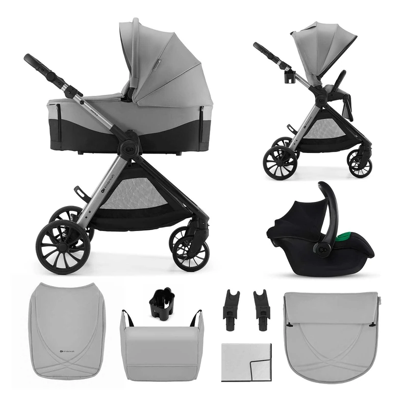 Kinderkraft VESTO 2 3-in-1 Stroller Travel System, Pushchair with Carrycot and Mink PRO 2 Car Seat, Reversible Seat, Memory Buttons, Self-Standing Fold, EVA Wheels, Rain Cover, Bag, Grey