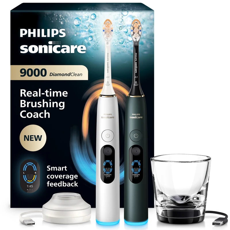 Philips Sonicare Next-Generation DiamondClean 9000 Sonic Electric Toothbrush − with Smart Coverage Feedback, Smart Pressure Feedback and 21 Settings, Silver White & Midnight Green, 2 Pack, HX9216/89
