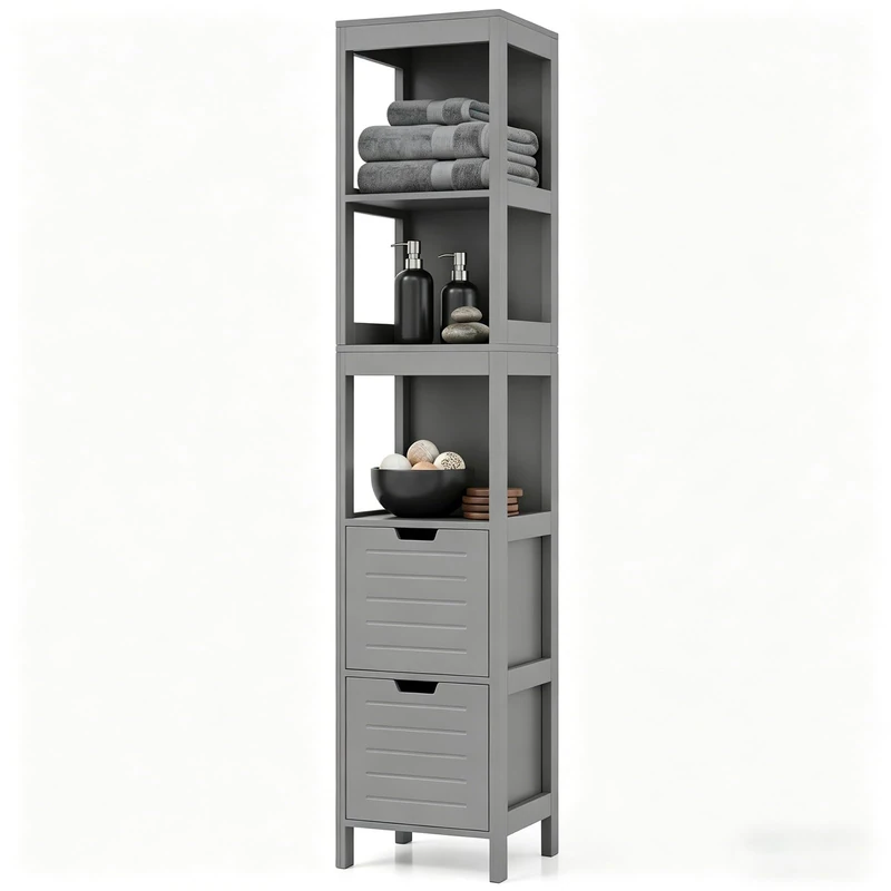 RELAX4LIFE Bathroom Tall Cabinet, Freestanding Storage Cupboard with 3 Open Shelves & 2 Removable Drawers, Slim Narrow Organizer Unit for Bathroom, Living Room, Kitchen (Grey)
