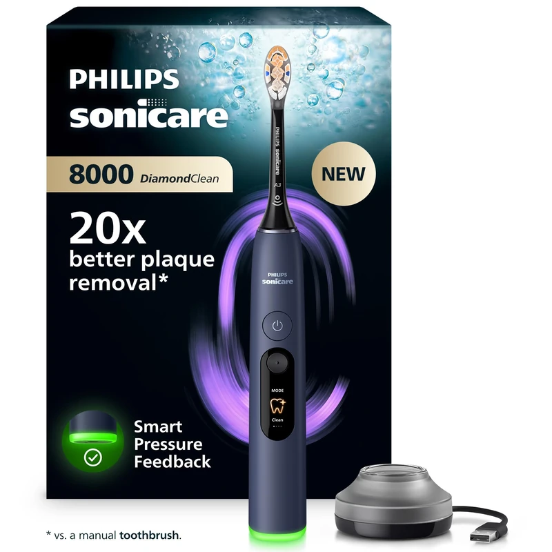 Philips Sonicare Next-Generation DiamondClean 8000 Sonic Electric Toothbrush − with Smart Pressure Feedback and 15 Settings, Dark Blue, HX8311/13