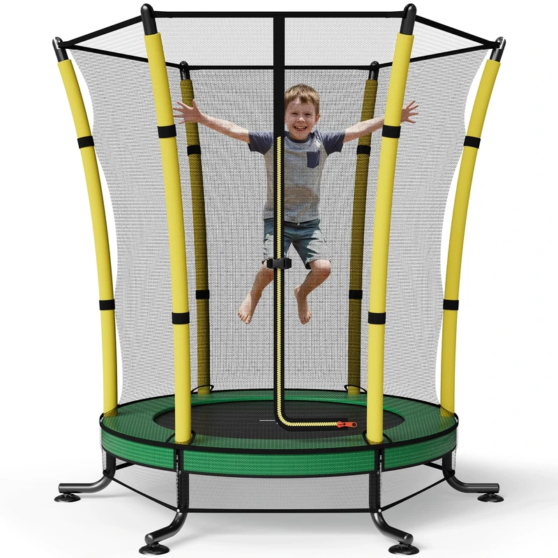 JUMMICO 55’’Kids Trampoline with Enclosure Net Indoor Outdoor Toddler Trampoline for Children Age 3-10 Safety Net, Integrated Mat & Anti-Slip Base (140cm x 180cm)