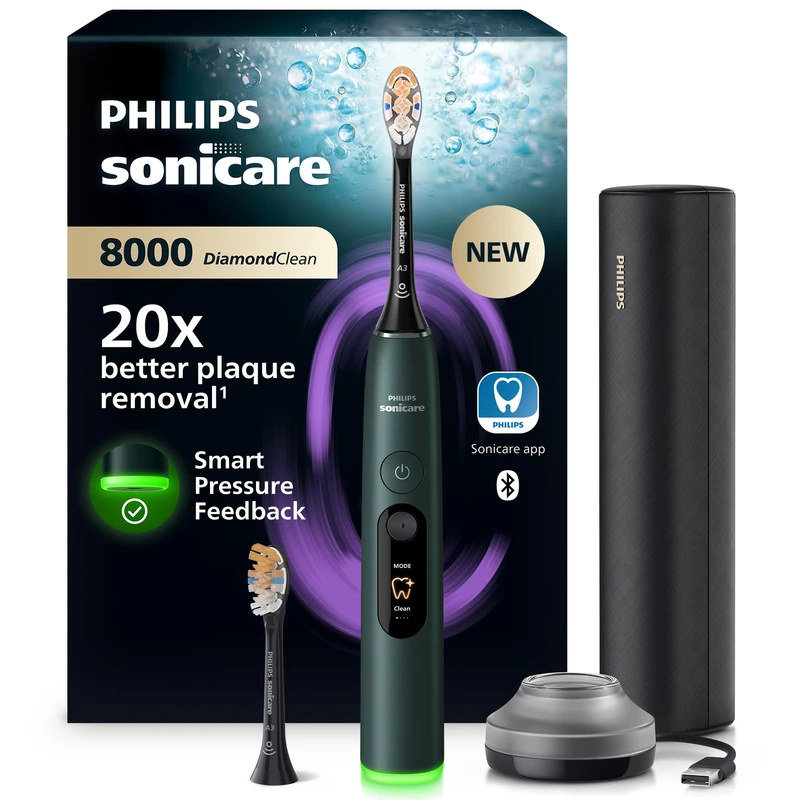 Philips Sonicare Next-Generation DiamondClean 8000 Sonic Electric Toothbrush − with Smart Pressure Feedback, and 15 Settings, Dark Green, HX8312/14