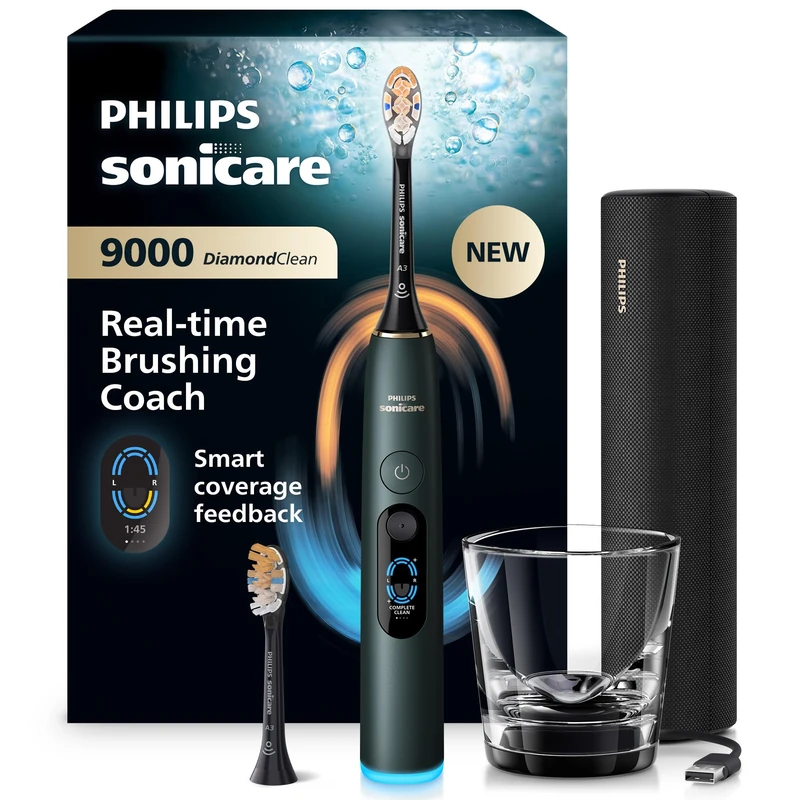 Philips Sonicare Next-Generation DiamondClean 9000 Sonic Electric Toothbrush − with Smart Coverage Feedback, Smart Pressure Feedback and 21 Settings, Midnight Green, HX9214/84