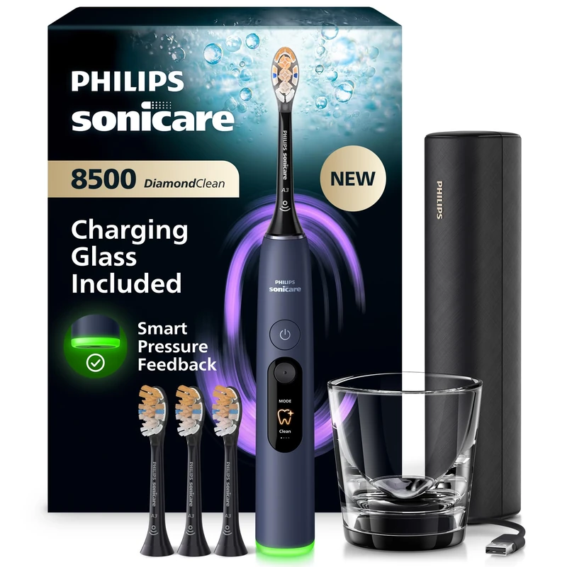 Philips Sonicare Next-Generation DiamondClean 8500 Sonic Electric Toothbrush − with Smart Pressure Feedback and 18 Settings, Dark Blue, HX8515/13