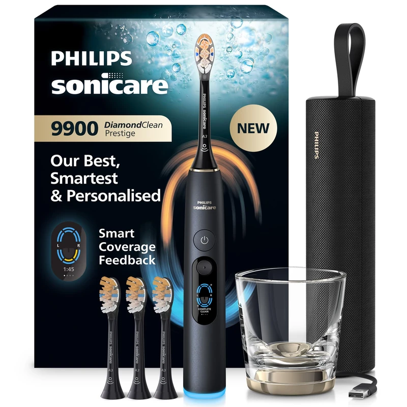 Philips Sonicare Next-Generation DiamondClean 9900 Prestige Sonic Electric Toothbrush − with SenseIQ, Smart Coverage Feedback, Smart Pressure Feedback and 24 Settings, Quartz Black, HX9815/92