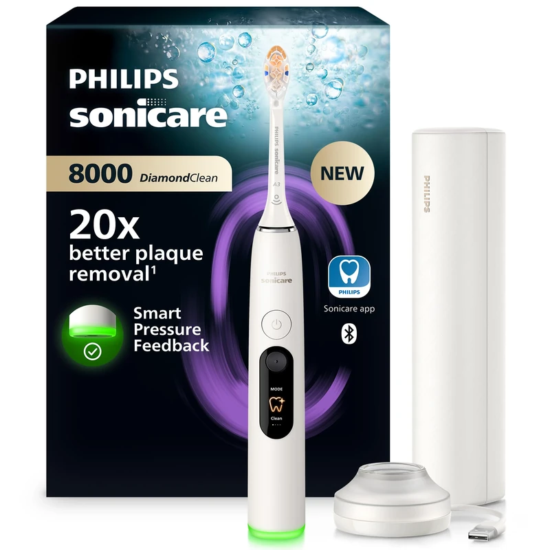 Philips Sonicare Next-Generation DiamondClean 8000 Sonic Electric Toothbrush − with Smart Pressure Feedback and 15 Settings, Powder White, HX8311/11