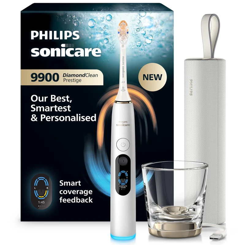 Philips Sonicare Next-Generation DiamondClean 9900 Prestige Sonic Electric Toothbrush − with SenseIQ, Smart Coverage Feedback, Smart Pressure Feedback and 24 Settings, Silver White, HX9813/91