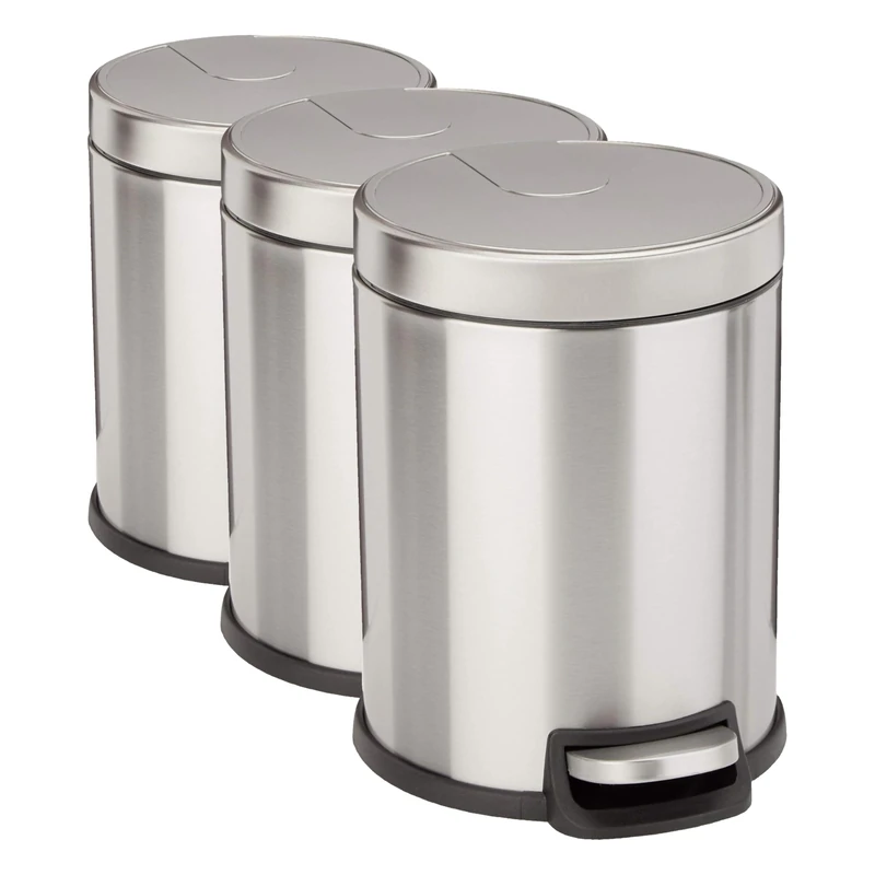 Amazon Basics Round Cylindrical Soft-Close Small Trash Can With Foot Pedal for Bathroom and small space, 5 l, Brushed Stainless Steel (Pack of 3)