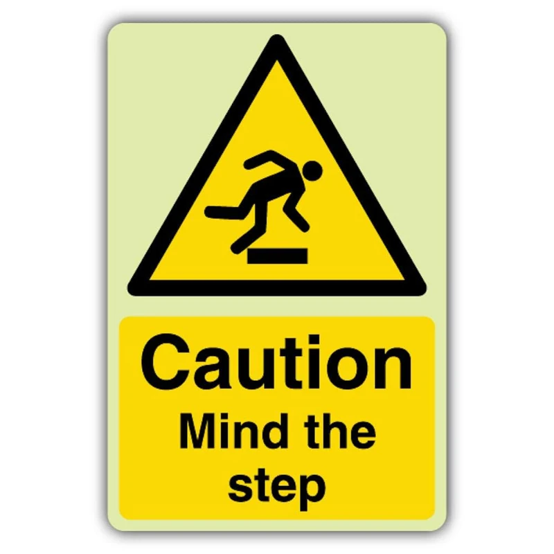 V Safety Glow In The Dark Caution Mind The Step Sign - 300 x 450 mm - Made From Triple Glow Rigid Plastic - Hazard Warning Signage - Made in Britain