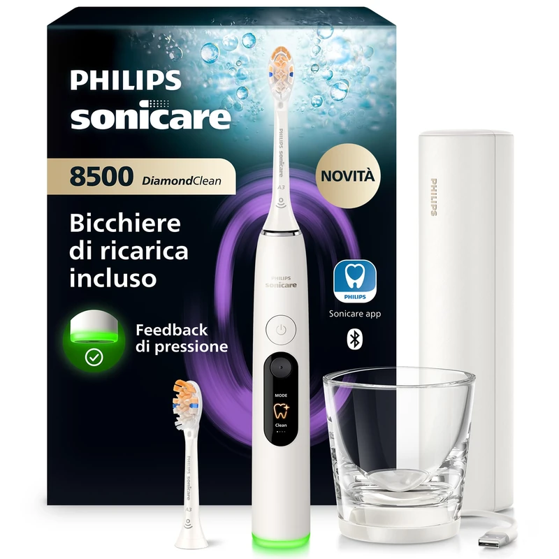 Philips Sonicare Next-Generation DiamondClean 8500 Sonic Electric Toothbrush − with Smart Pressure Feedback, and 18 Settings, Powder White, HX8514/11