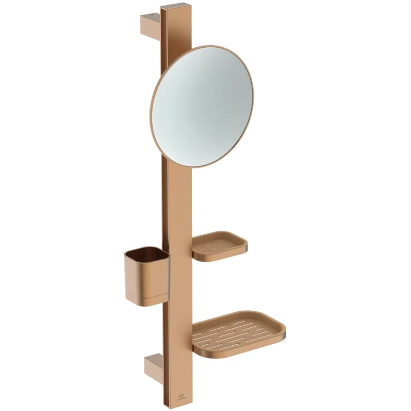 Ideal Standard Alu+ Beauty mirror, Accessory combination S, with Ø 205 mm cosmetic mirror (3x magnification) and adjustable shelves, made from 100% recycled aluminum – Bronze (310.5x160x717 mm)