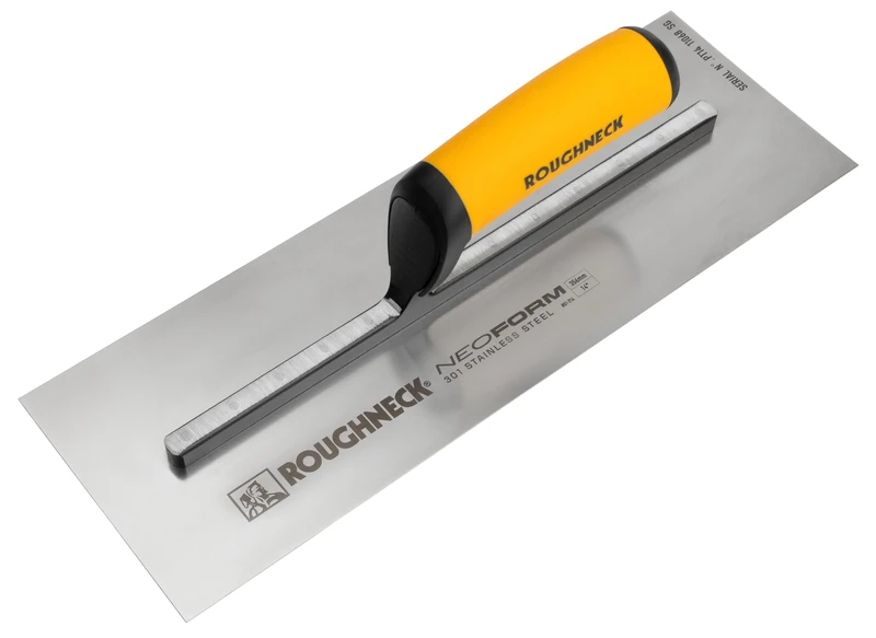 Roughneck NEOFORM Plastering Trowel 121mm x 356mm (4¾" x 14")– Premium 301 Stainless Steel Blade, Pre-Broken-in with Pre-Worn Edges, 0.7mm Flexible Blade, Aluminium Mount & Soft Grip Handle - Image 1