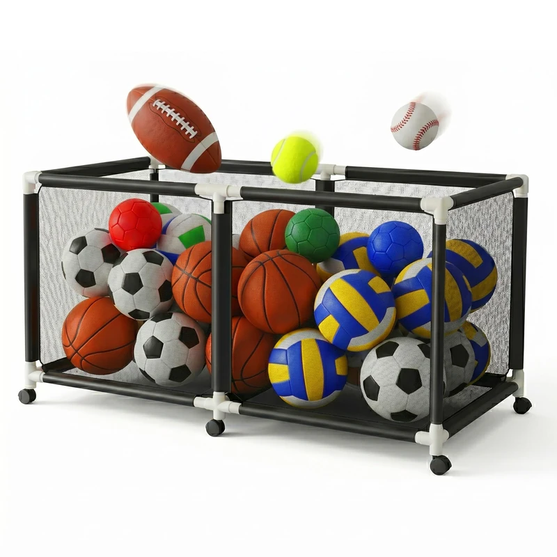 Relaxdays ball trolley, 4 braked castors, HWD:85 x 160 x 78 cm, ball cage for football, basketball, volleyball, black - Image 1