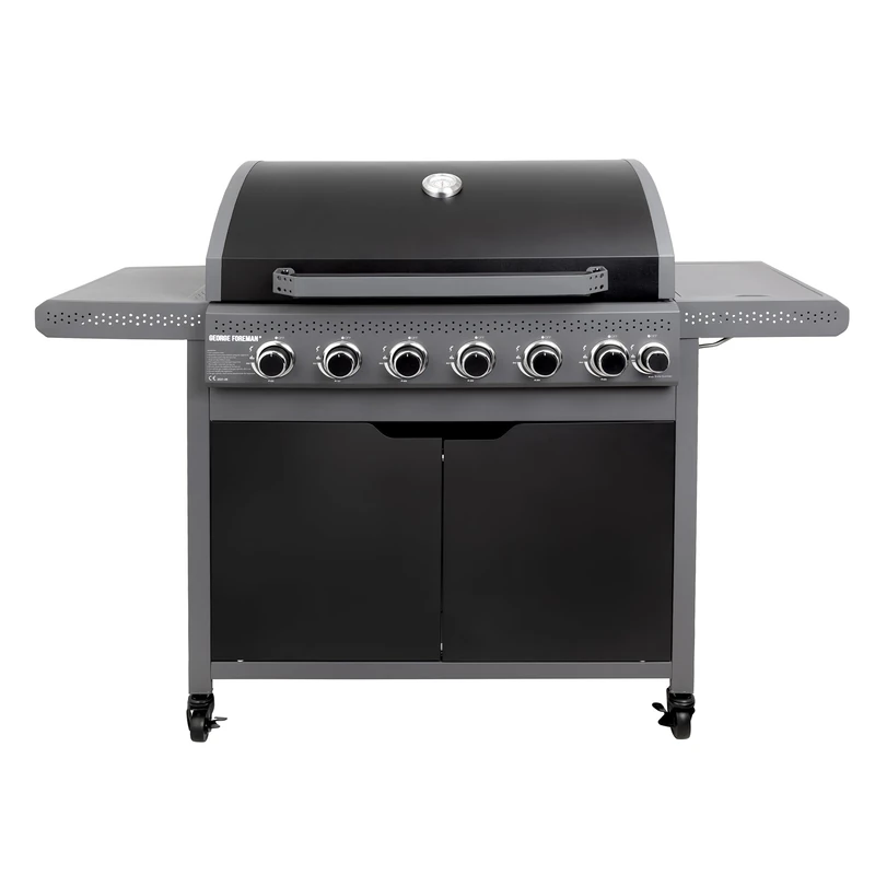 George Foreman 6 + 1 Burner Gas BBQ in Black with Automatic Ignition & Integrated Thermometer, Portable Barbecue and Grill with Side Burner/Table & Wheels, Gas Hose and Regulator, GFGBBQ6B1B-C
