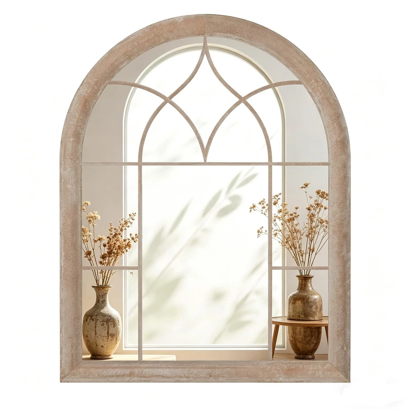 RELAX4LIFE Garden Outdoor Window Mirror, Distressed Gothic Arch Mirror with Hanging Hooks, Gothic Style Effect Glass Mirror for Hallway Living Room Bedroom Entryway (88.5x69cm)