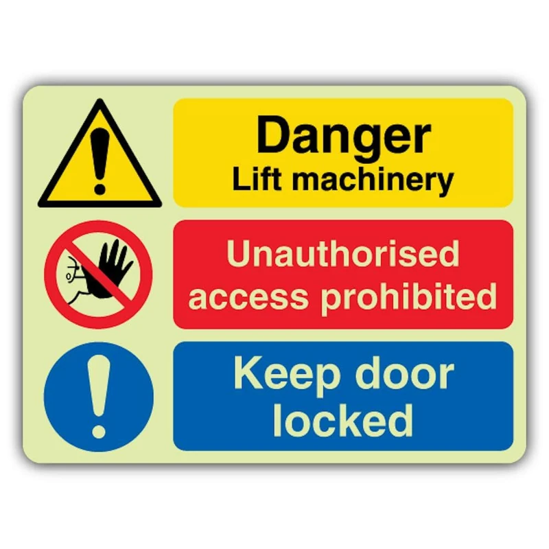V Safety Glow In The Dark Danger Lift Machinery Access Prohibited Keep Door Locked Sign - 600 x 450 mm - Made From Double Glow Self Adhesive Vinyl - Hazard Warning Signage - Made in Britain