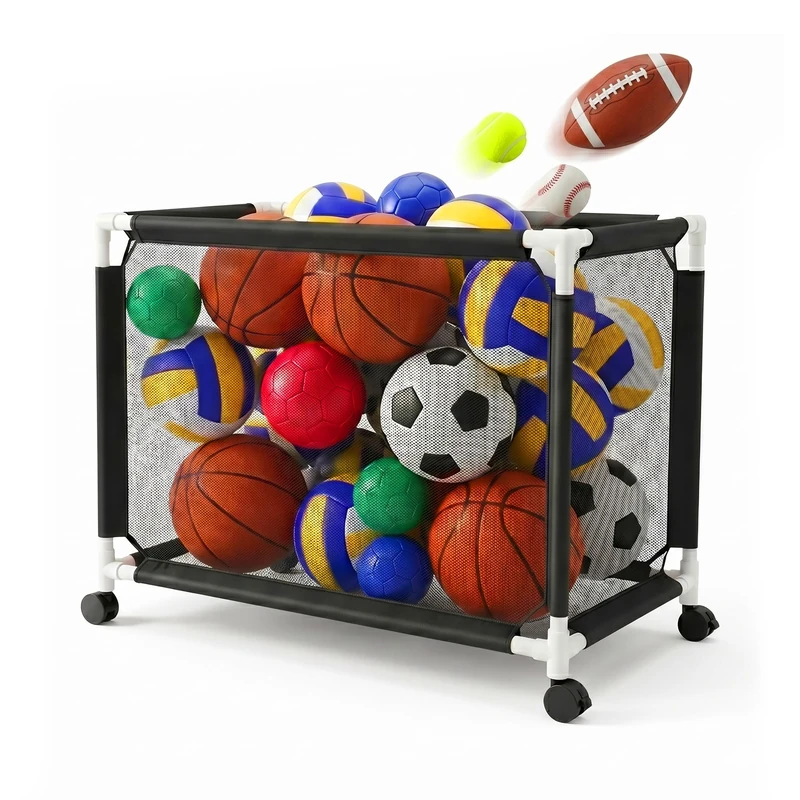 Relaxdays ball trolley, 4 braked castors, H x W x D 85 x 120 x 78 cm, cage for football, basketball & volleyball, black - Image 1