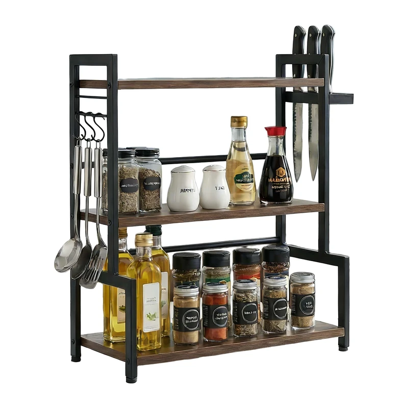 Relaxdays Kitchen Worktop Shelf, HxWxD: 51 x 43 x 20 cm, Hooks & Knife Holder, Industrial Spice Rack, Brown/Black - Image 1