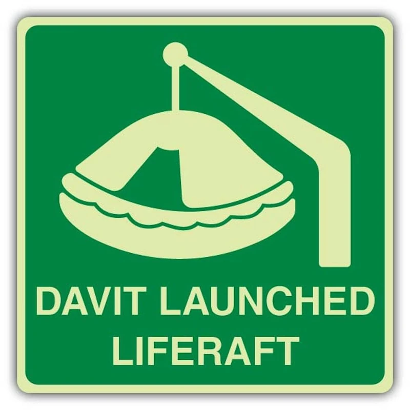 V Safety Glow In The Dark Davit Launched Liferaft Sign - 450 x 450 mm - Made From Double Glow Self Adhesive Vinyl - Marine Safety Signage - Made in Britain - Image 1