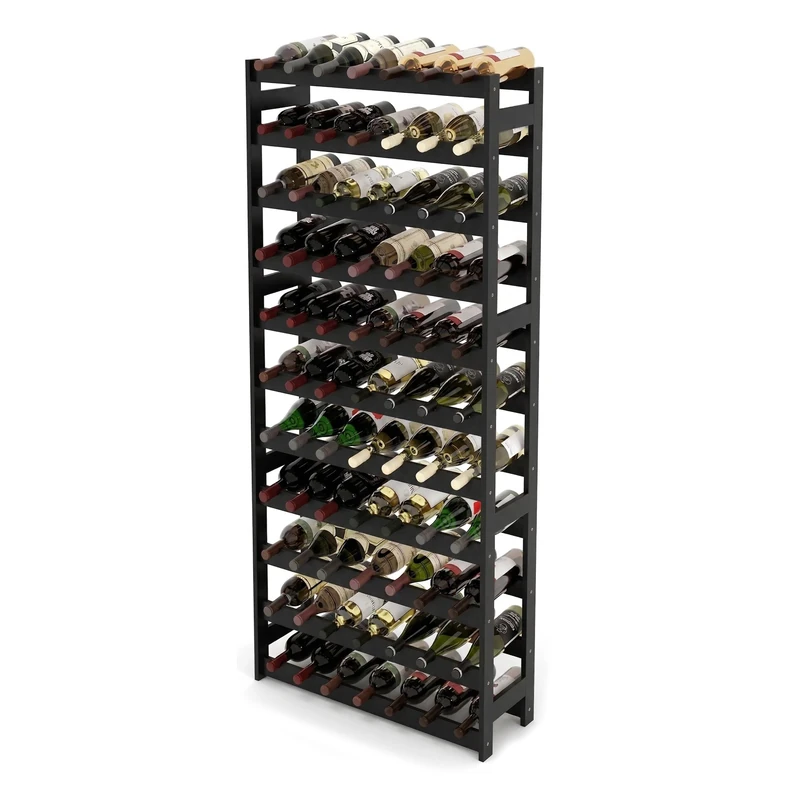 Relaxdays wine rack, 77 bottles, walnut wood, 166x72.5x25 cm, for red & white wine, black - Image 1