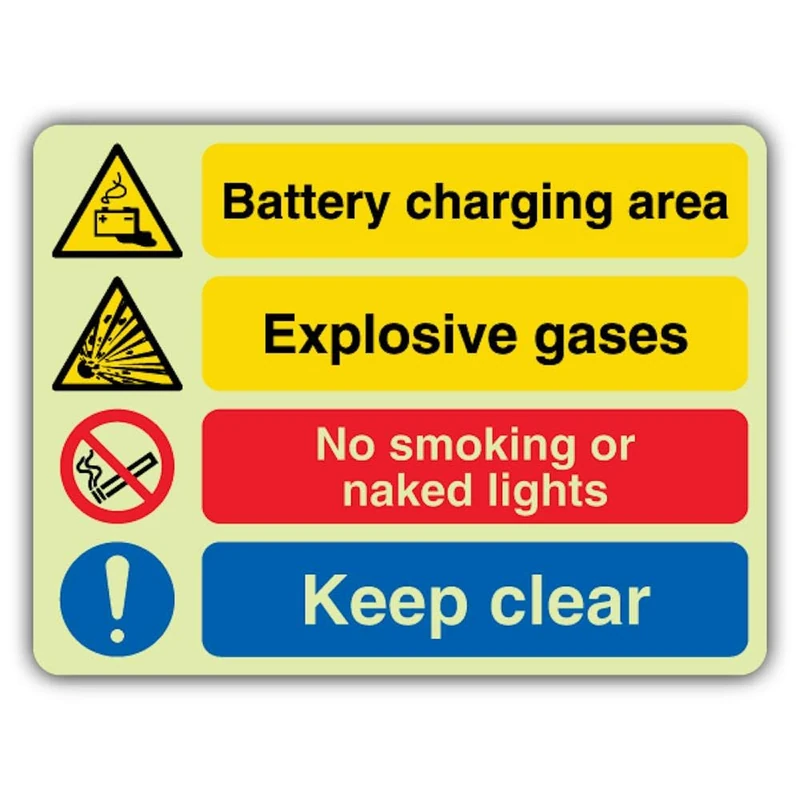 V Safety Glow In The Dark Battery Charging Area - Explosive Gases - No Smoking - Keep Clear Sign - 800 x 600 mm - Made From Triple Glow Self Adhesive Vinyl - Hazard Warning Signage - Made in Britain