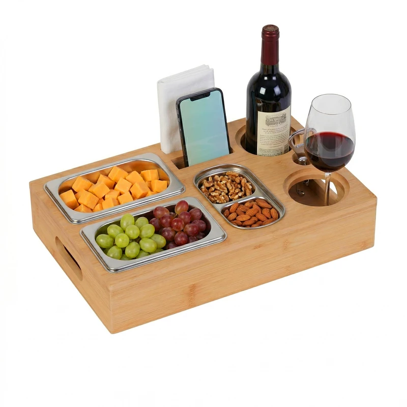 Relaxdays Couchbar, bamboo, 3 stainless-steel snack bowls, holders for bottles, glasses & phones, sofa tray, natural - Image 1