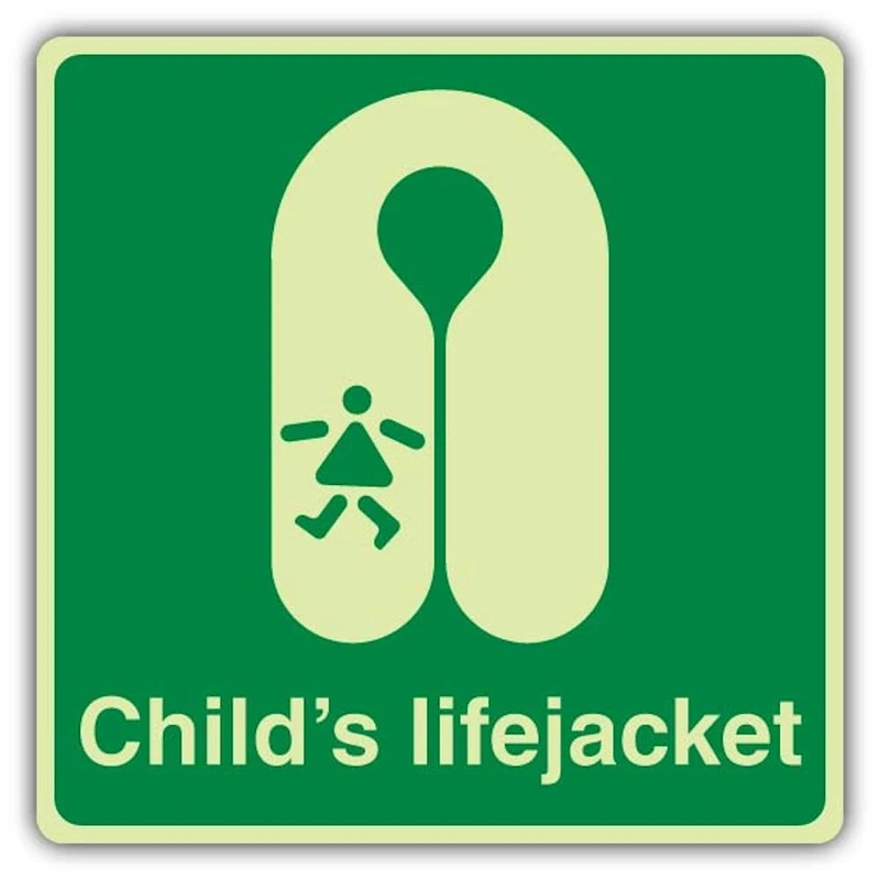 V Safety Glow In The Dark Childs Lifejacket Sign - Square Format - 450 x 450 mm - Made From Triple Glow Self Adhesive Vinyl - Marine Safety Signage - Made in Britain