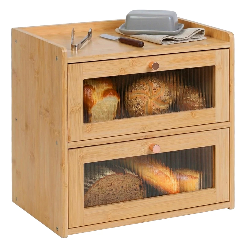 Relaxdays Bread Bin Bamboo 2 Levels Bread Tray with Viewing Windows Folding Doors H x W x D x D x D x D x H x D x H x D x H x D x H x D x H x D - Image 1