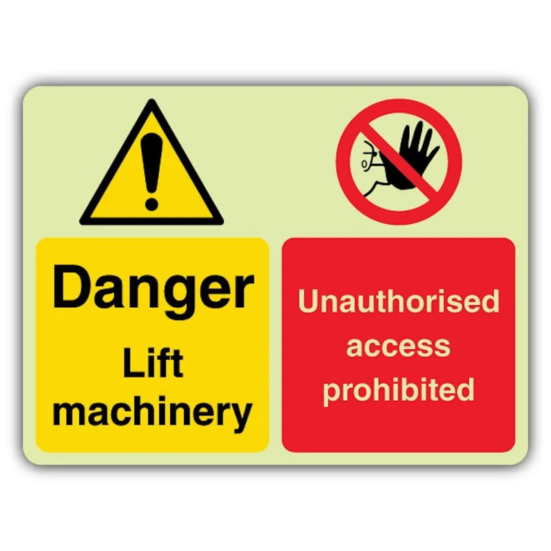 V Safety Glow In The Dark Danger Lift Machinery Unauthorised Access Prohibited Sign - 800 x 600 mm - Made From Triple Glow Self Adhesive Vinyl - Hazard Warning Signage - Made in Britain