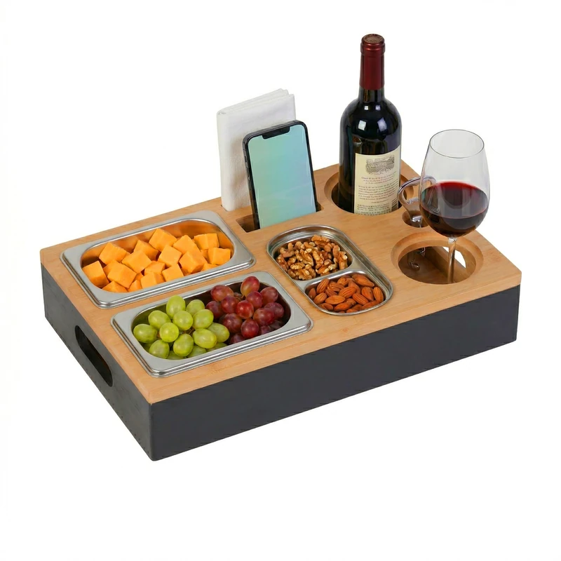 Relaxdays Couchbar bamboo 3 stainless steel bowls, holders for bottles, glasses, phone, tablet, sofa tray, black/natural