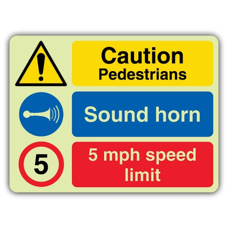 V Safety Glow In The Dark Caution Pedestrians Sound Horn 5 Mph Speed Limit Sign - 800 x 600 mm - Made From Double Glow Self Adhesive Vinyl - Hazard Warning Signage - Made in Britain