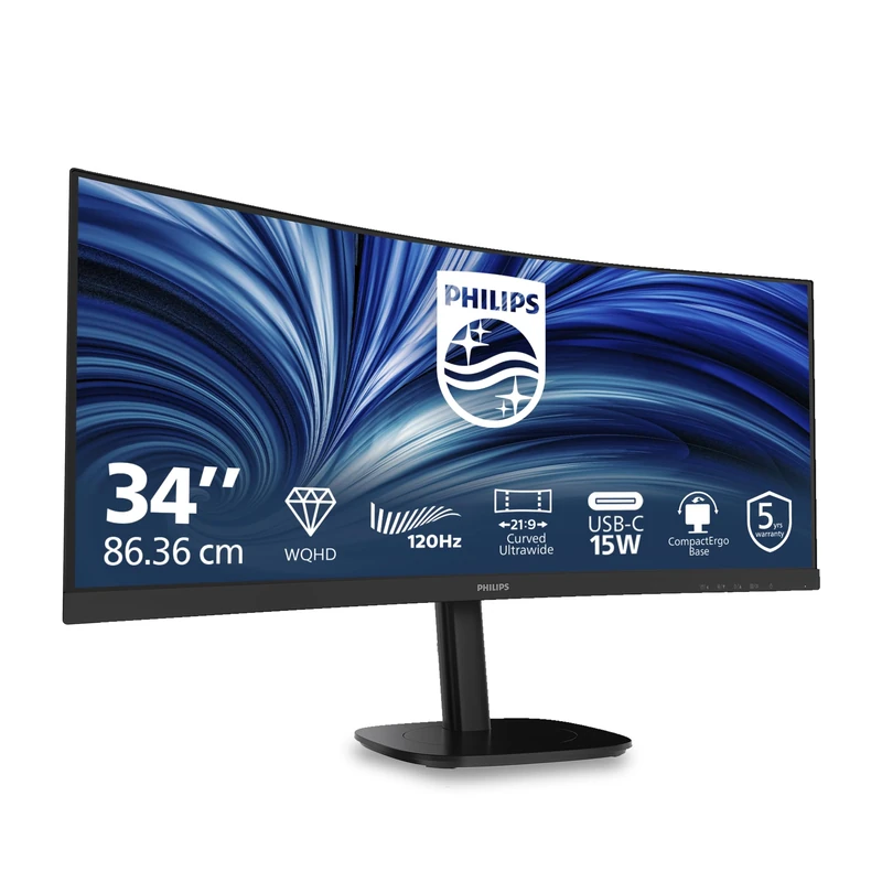 PHILIPS 34B2N3500C 34 inch UW-QHD Monitor Curved, 120Hz, VA Panel, 4ms GtG, HDR10, Height Adjustment, Speakers, (3440x1440 HDMI 2x 2.1 TMDS USB Hub) Black