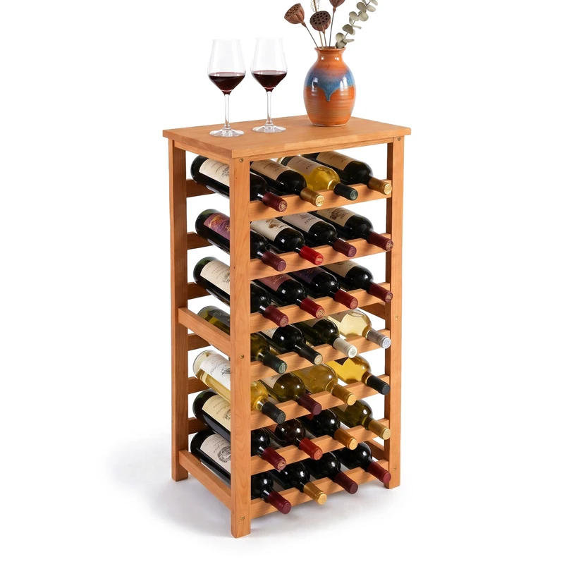 Relaxdays wine rack, 28 bottles, walnut wood, H x W x D 94 x 47 x 26 cm, for red & white wine, natural - Image 1