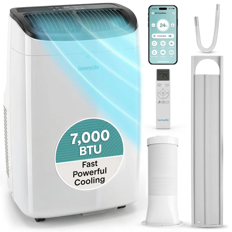 SereneLife Portable Air Conditioner 7000 BTU Air Conditioning Unit, Smart WiFi Portable AC with Dehumidifier, Follow Me Function, Sleep Mode & Window Kit