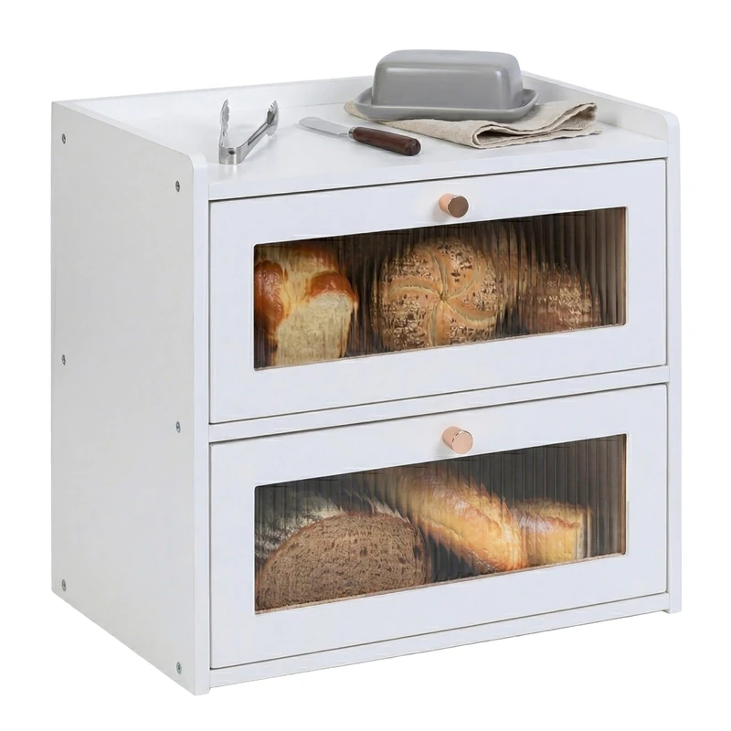 Relaxdays Bamboo Bread Bin, 2-tier, viewing windows, hinged doors, H x W x D: 34 x 36.5 x 24 cm, white - Image 1