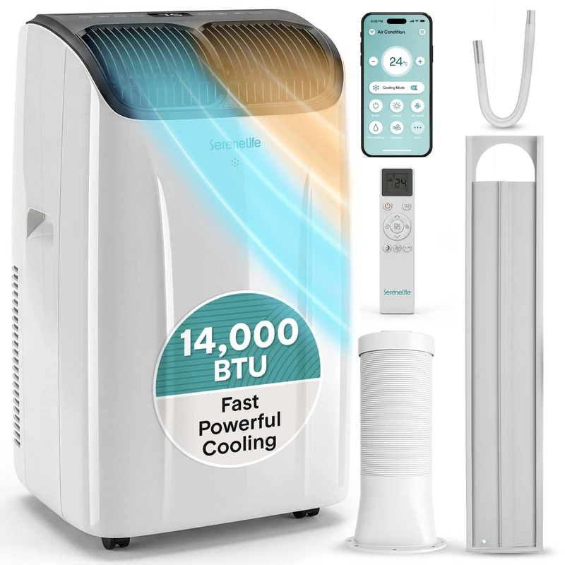 SereneLife Portable Air Conditioner and Heater 14000 BTU Air Conditioning Unit, Smart WiFi Portable AC with Dehumidifier, Follow Me Function, Sleep Mode & Window Kit