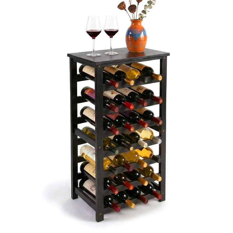 Relaxdays wine rack, 28 bottles, walnut wood, H x W x D 94 x 47 x 26 cm, for red & white wine, black - Image 1