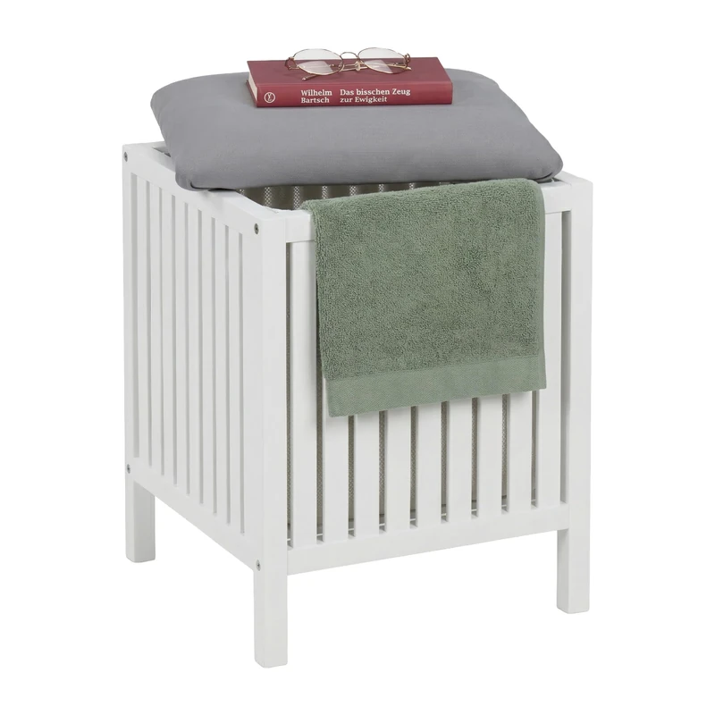 Relaxdays laundry stool with storage, walnut, padded lid, HxWxD: 51 x 38 x 38 cm, bathroom, white/grey - Image 1