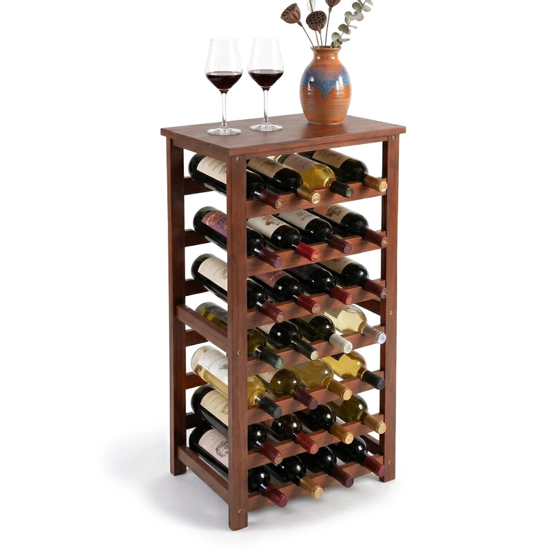 Relaxdays wine rack, 28 bottles, walnut wood, 94x47x26 cm, for red & white wine, dark brown - Image 1