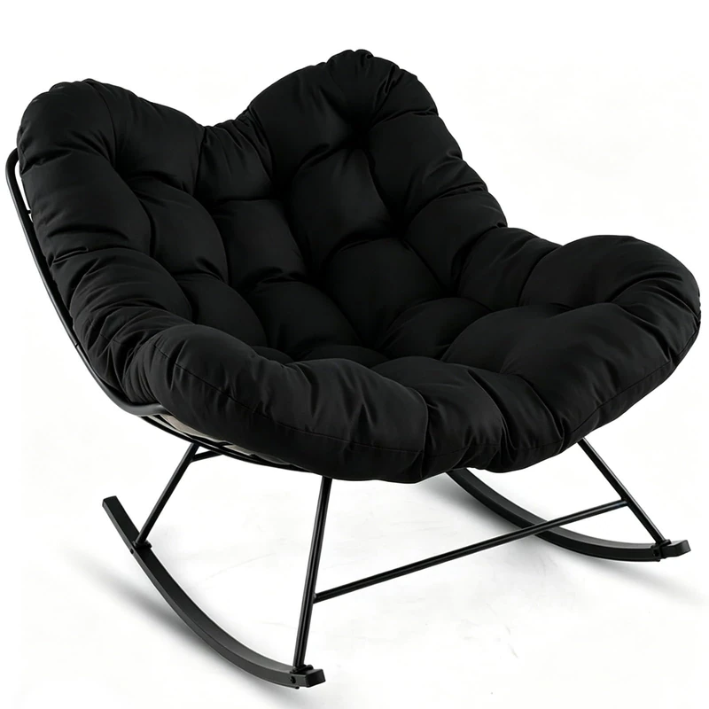 RELAX4LIFE Outdoor Oversized Rocking Chair, Patio Egg Papasan Chair with Thick Cushion & Metal Frame, Indoor Outdoor Lounge Rocker Seat for Living Room Balcony Yard Porch (Black, 110 x 95 x 94 cm)