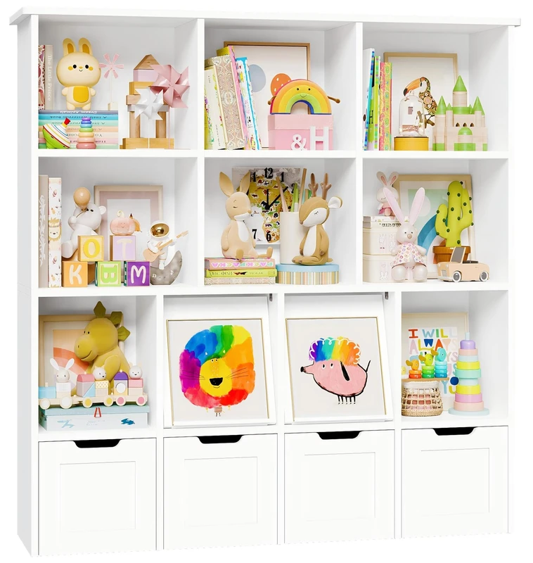IRONCK Kids Toy Storage Unit Childrens Bookcase Kids Bookshelf 2 Concealed Flip Doors, 4 Drawers with Wheels, 10 Open Shelves, Toy Organiser, for Nursery Playroom, 125.6x31x120cm, White