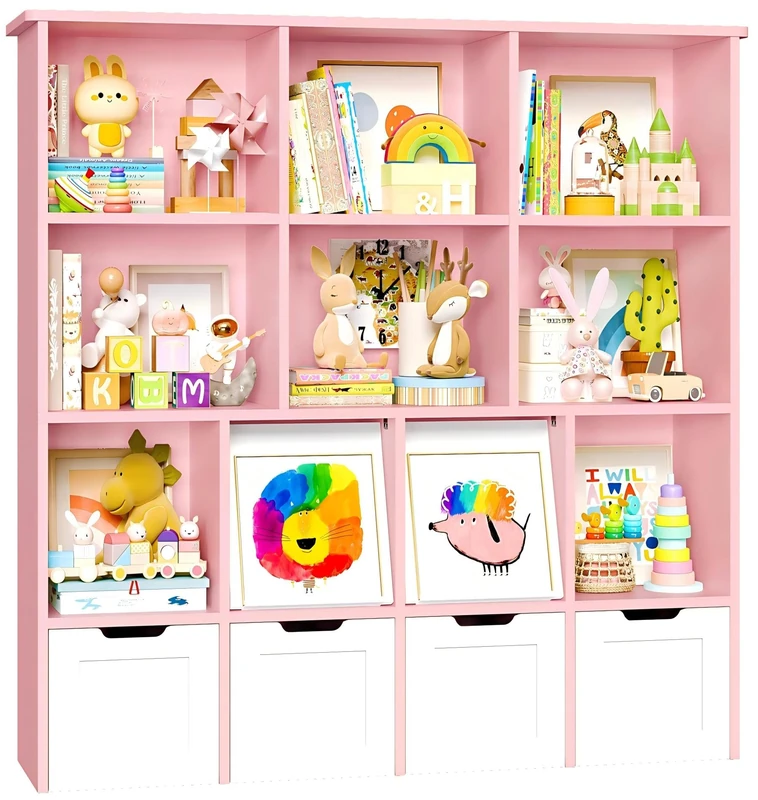 IRONCK Kids Toy Storage Unit Childrens Bookcase Kids Bookshelf 2 Concealed Flip Doors, 4 Drawers with Wheels, 10 Open Shelves, Toy Organiser, for Nursery Playroom, 125.6x31x120cm, Pink